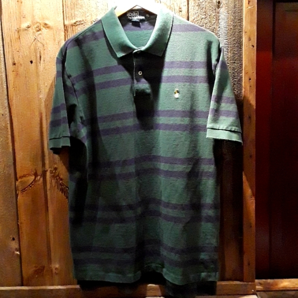 Polo by Ralph Lauren /short sleeve polo shirt/ Dk green with Dk blue stripes XL